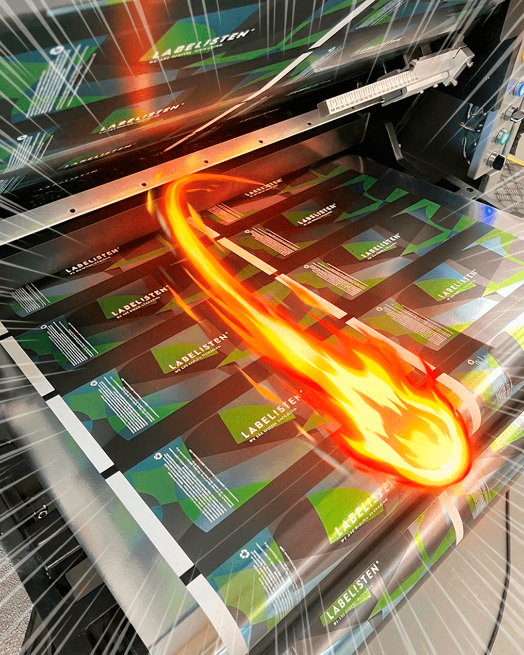 Digitaldruckmaschine der Labelisten beim Druck von Etiketten, illustriert mit Tempo-Effekt