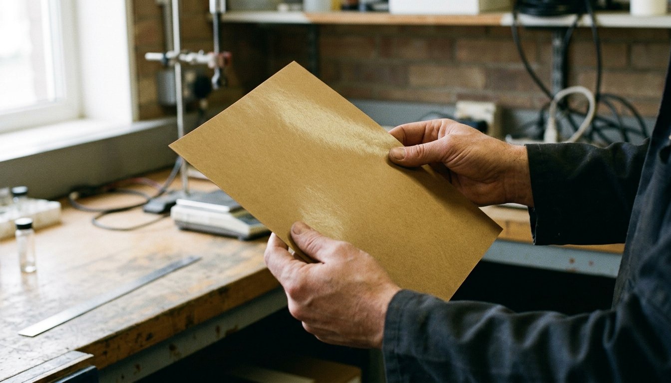 Hände halten ein beschichtetes Papiermuster in einem Prüfraum