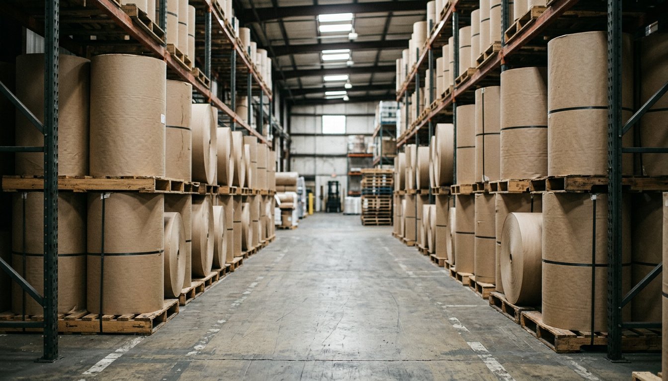 Papierrollen auf Paletten im Lager eines Verpackungsbetriebs