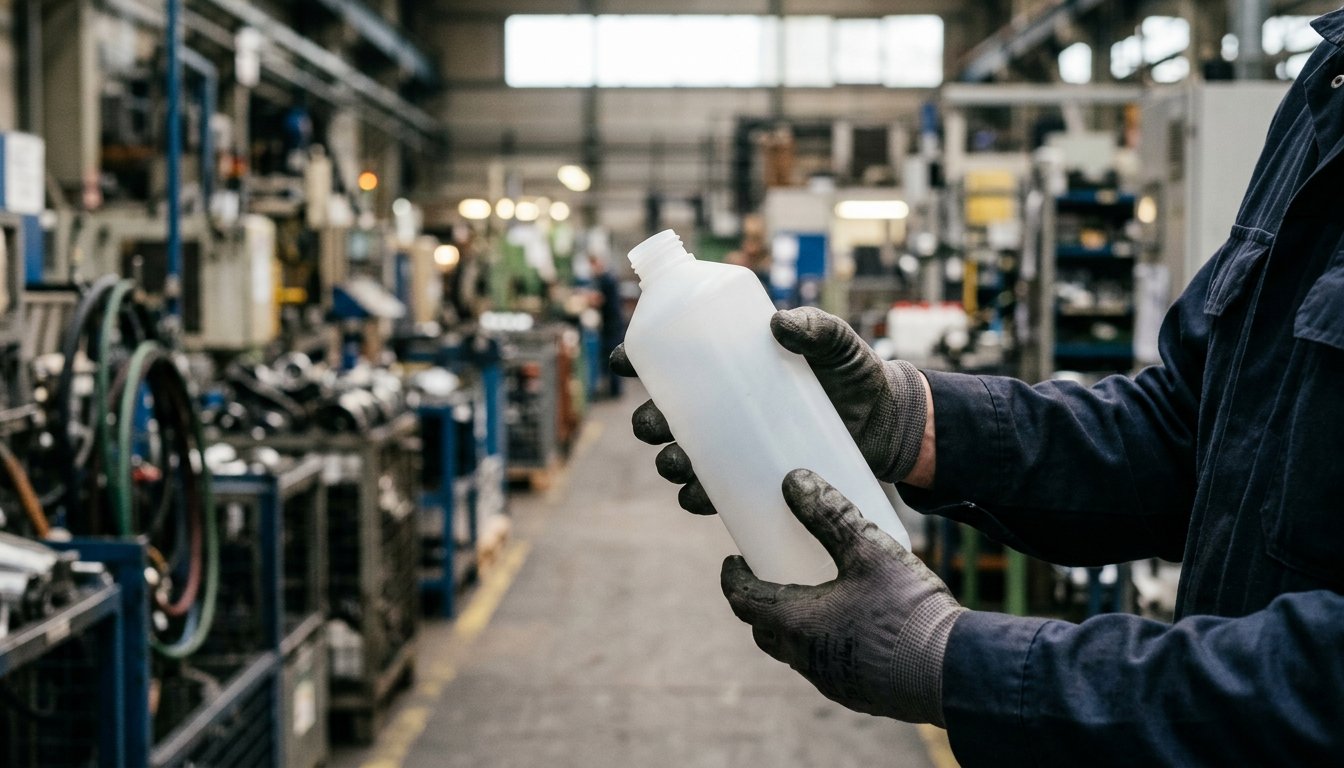 Hände in Arbeitshandschuhen halten eine unetikettierte Kunststoffflasche mit Gewindehals in einer Werkshalle