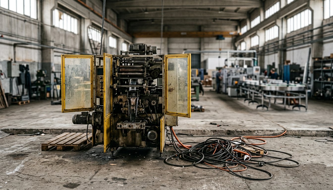 Einzelne gebrauchte Verpackungsmaschine abseits der Linie mit geöffneten Verkleidungen