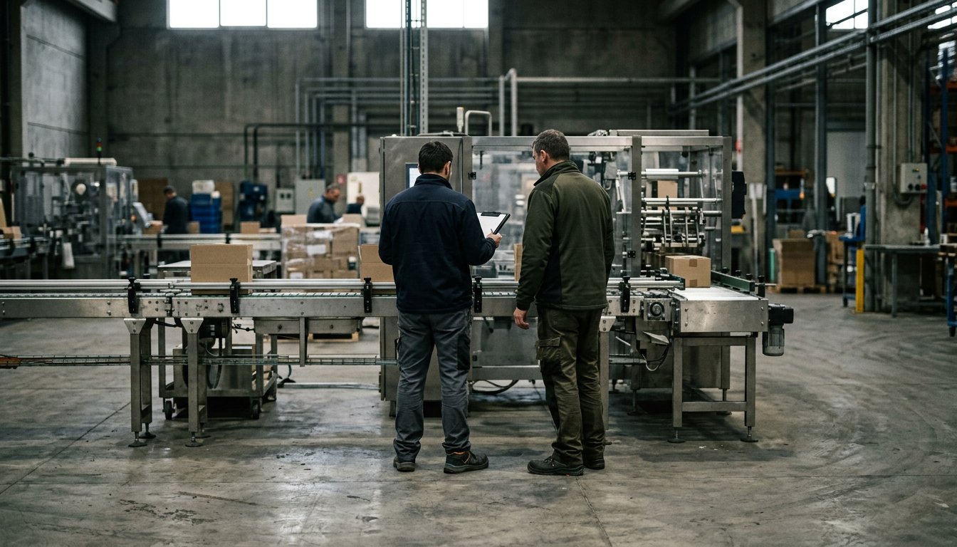 Zwei Beschäftigte begutachten eine Verpackungsmaschine in einer Produktionshalle