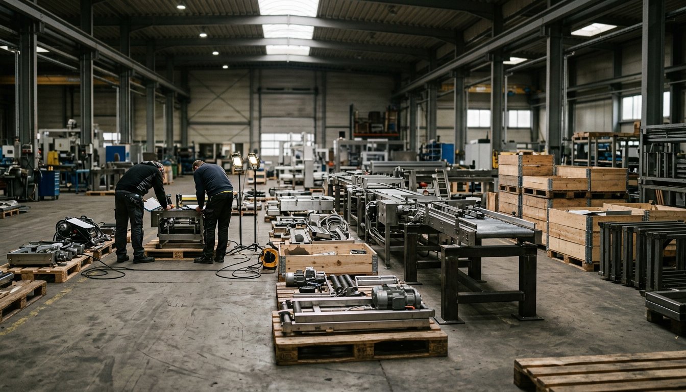 Stillstehende, teilweise demontierte Verpackungslinie in einer Werkshalle vor dem Abtransport