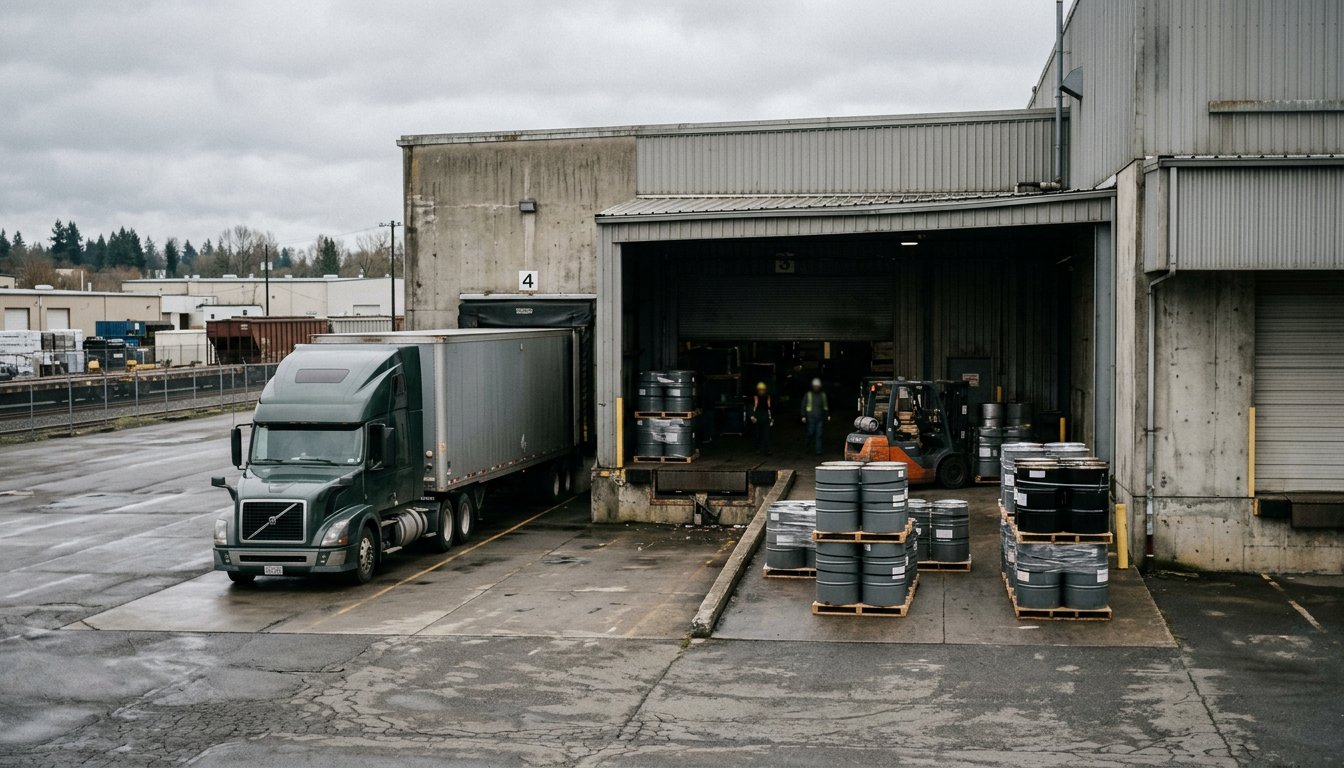 Verladerampe mit gesicherten Paletten und wartendem Lkw