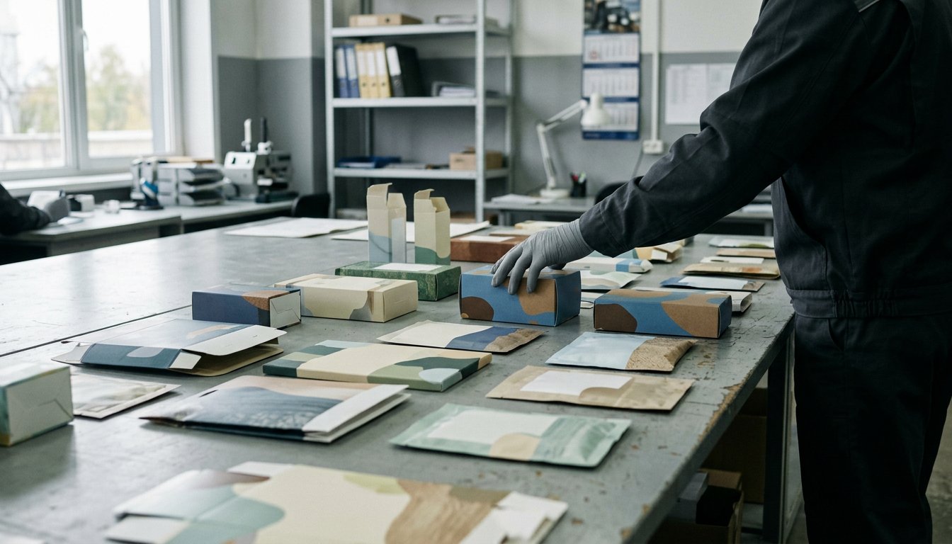 Prüfraum mit ausgelegten Druckmustern auf einem grauen Tisch