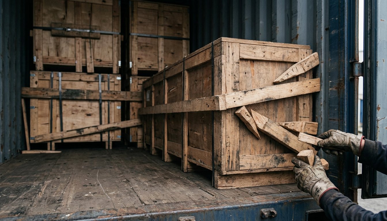 Verkeilte Holzkisten im Seecontainer mit Stauhölzern zwischen Ladung und Wand
