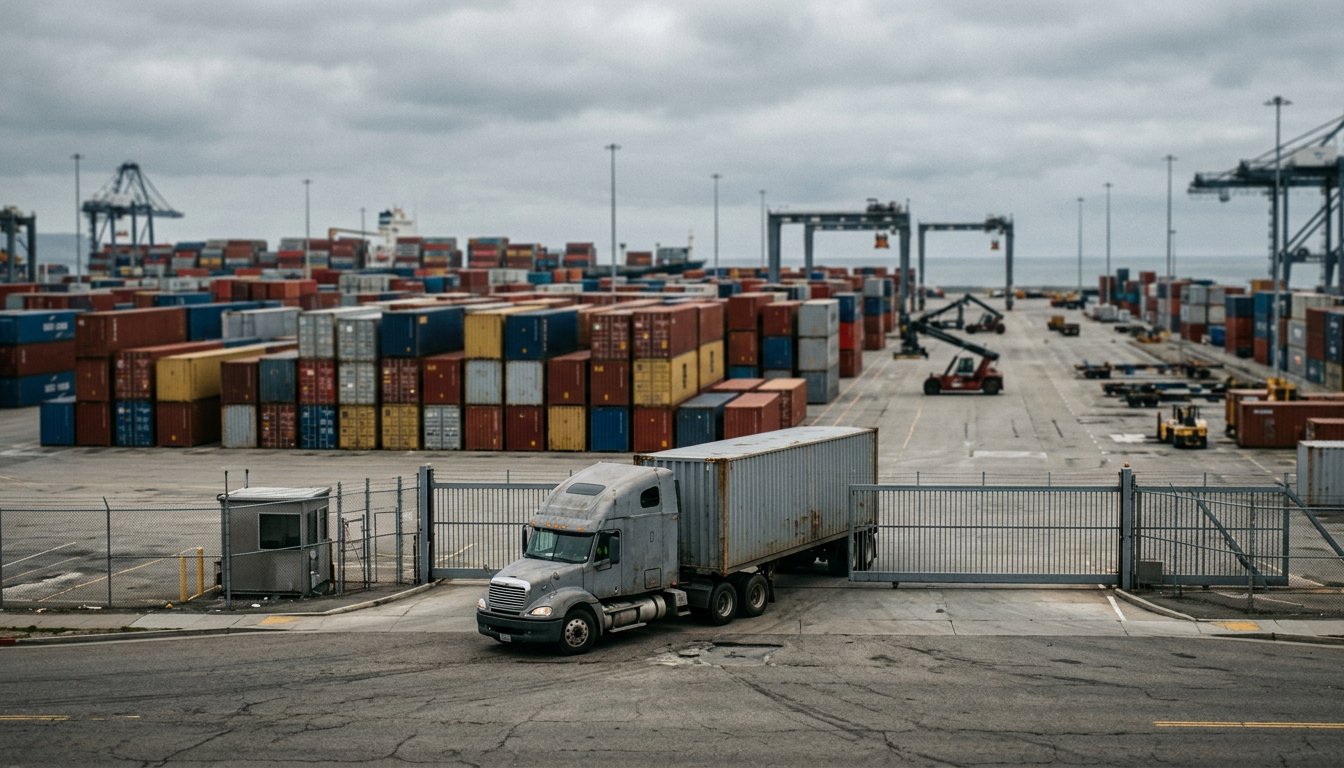 Containerterminal aus der Entfernung mit gestapelten Containern und wartendem Lkw