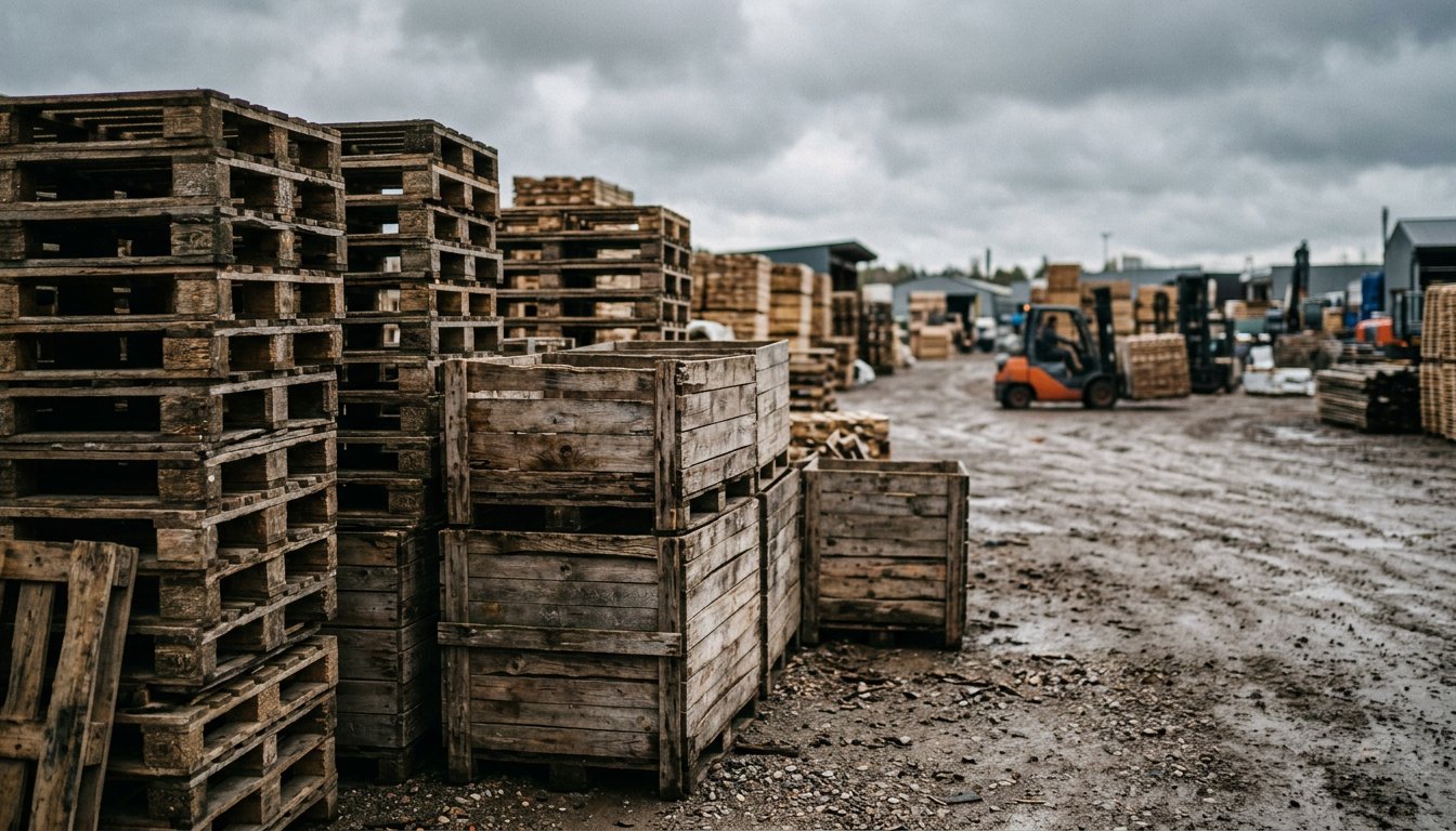 Gestapelte Holzpaletten und Holzkisten auf einem Lagerplatz im Freien