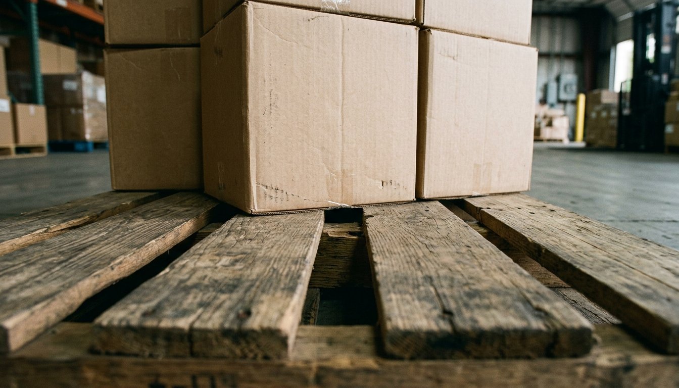 Unterste Kartonlage auf den Deckbrettern einer Holzpalette