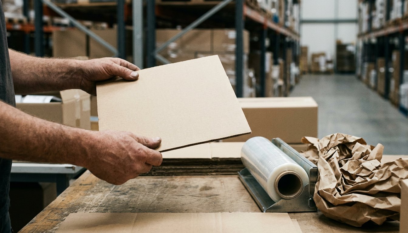 Hände halten einen flachen Kartonzuschnitt über einem Packtisch mit Folienrolle und Papierpolster