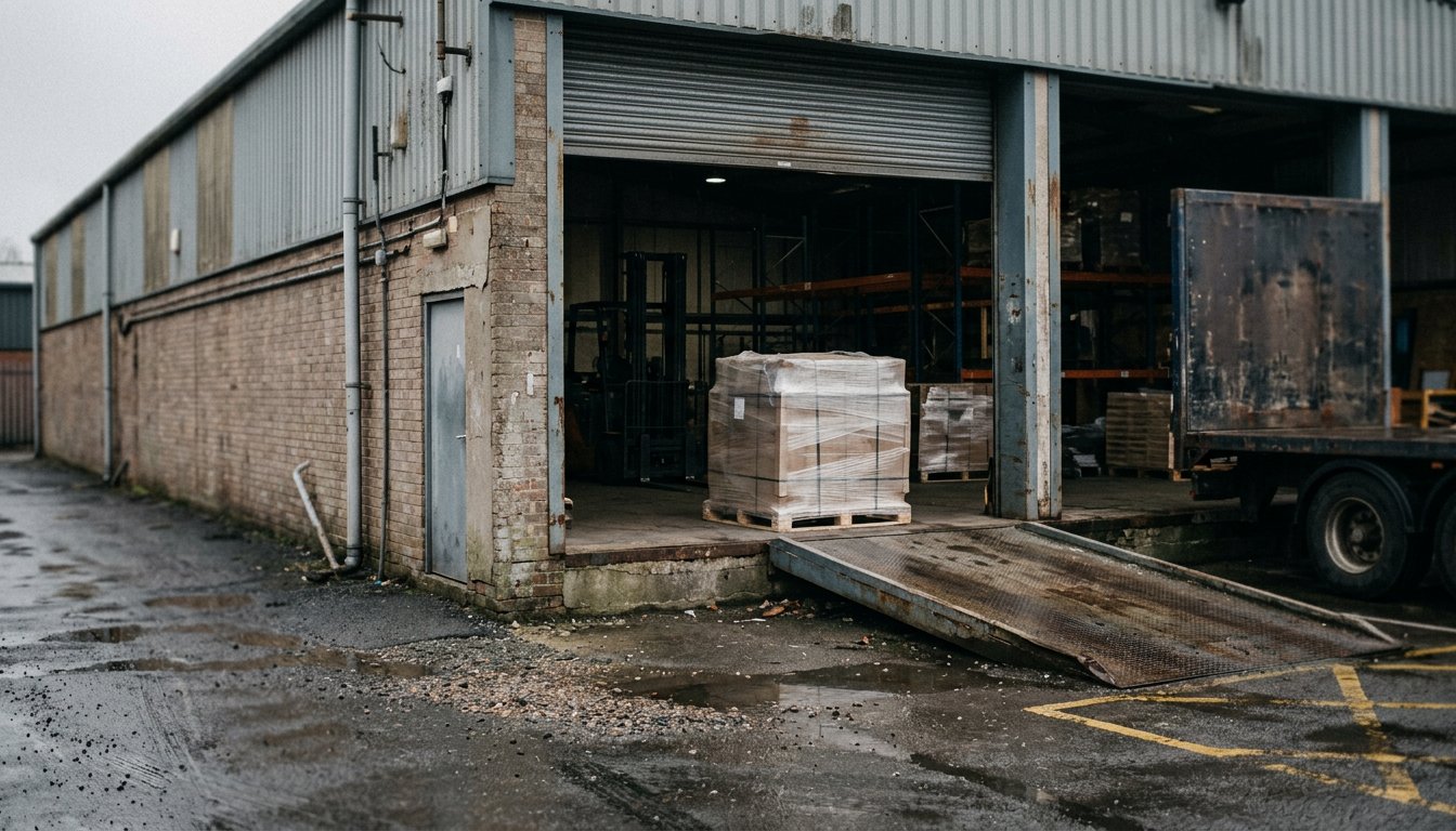 Verladerampe eines kleinen Logistikgebäudes mit einer gewickelten Palette vor der offenen Tordurchfahrt