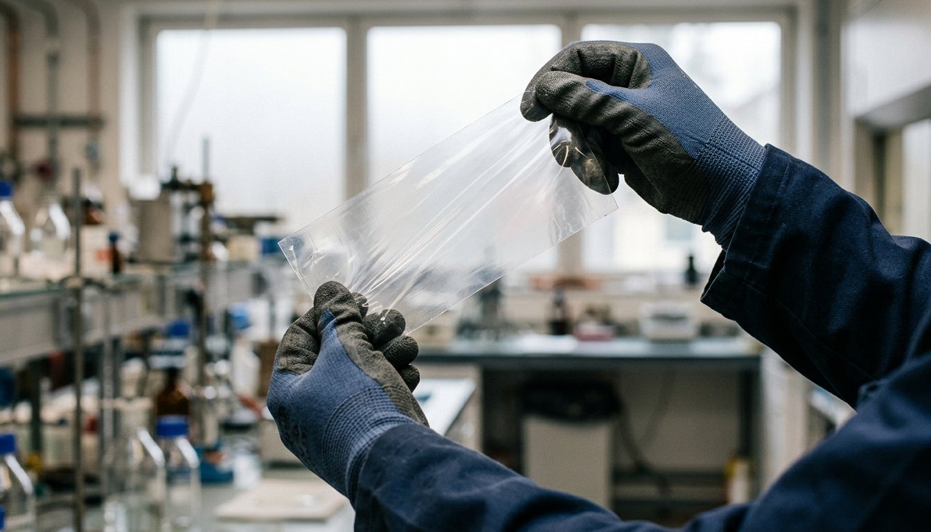 Hände halten ein Folienmuster gegen das Licht in einem Materialprüfraum