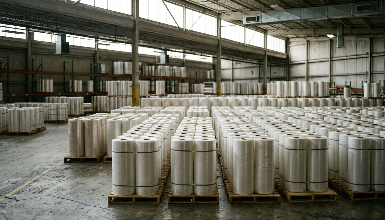 Aufrecht stehende Folienrollen auf Paletten im Lager eines Folienverarbeiters
