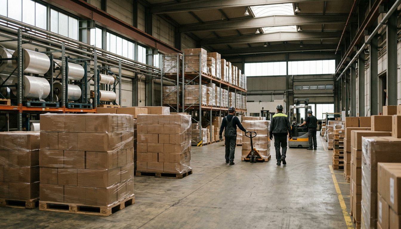 Versandbereich eines Verpackungsbetriebs mit gestapelten Paletten und Kartonagen