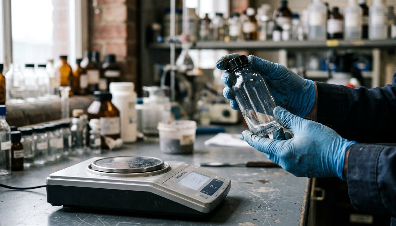Hände halten eine leere Flasche über einer Laborwaage