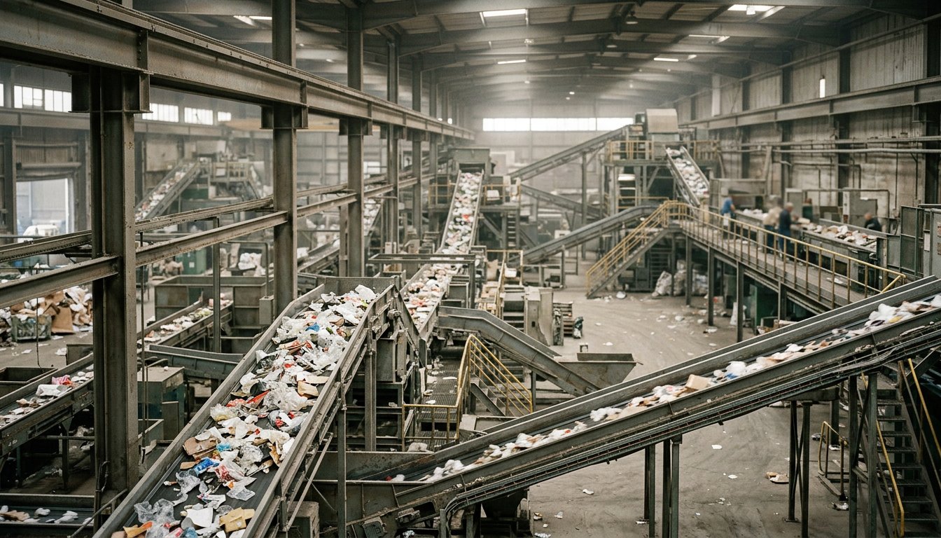 Blick aus der Distanz in eine Sortierhalle mit Förderbändern und Leichtverpackungen