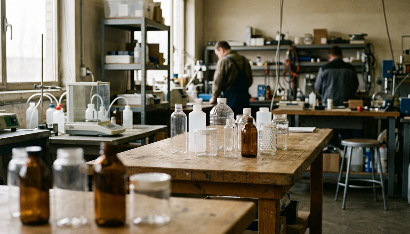 Leere Kunststoff- und Glasverpackungen auf einem Arbeitstisch in einem Verpackungslabor