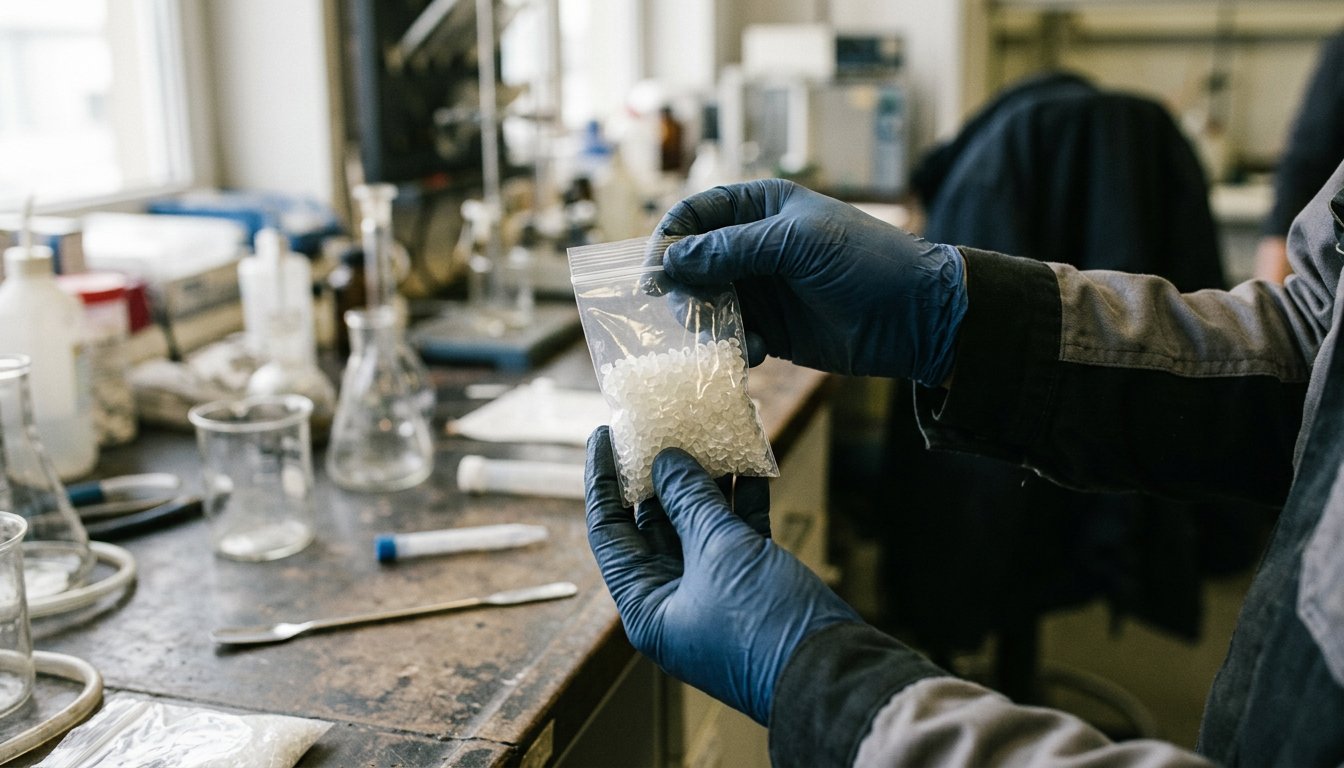 Behandschuhte Hände halten eine Probe Kunststoffgranulat über einer Labortischplatte