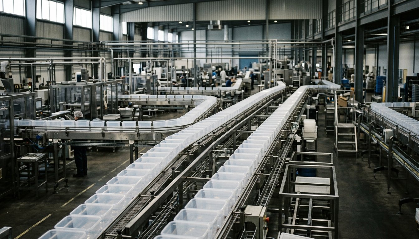 Blick aus der Ferne in eine Abfüllhalle mit leeren Kunststoffbehältern auf einem Transportband