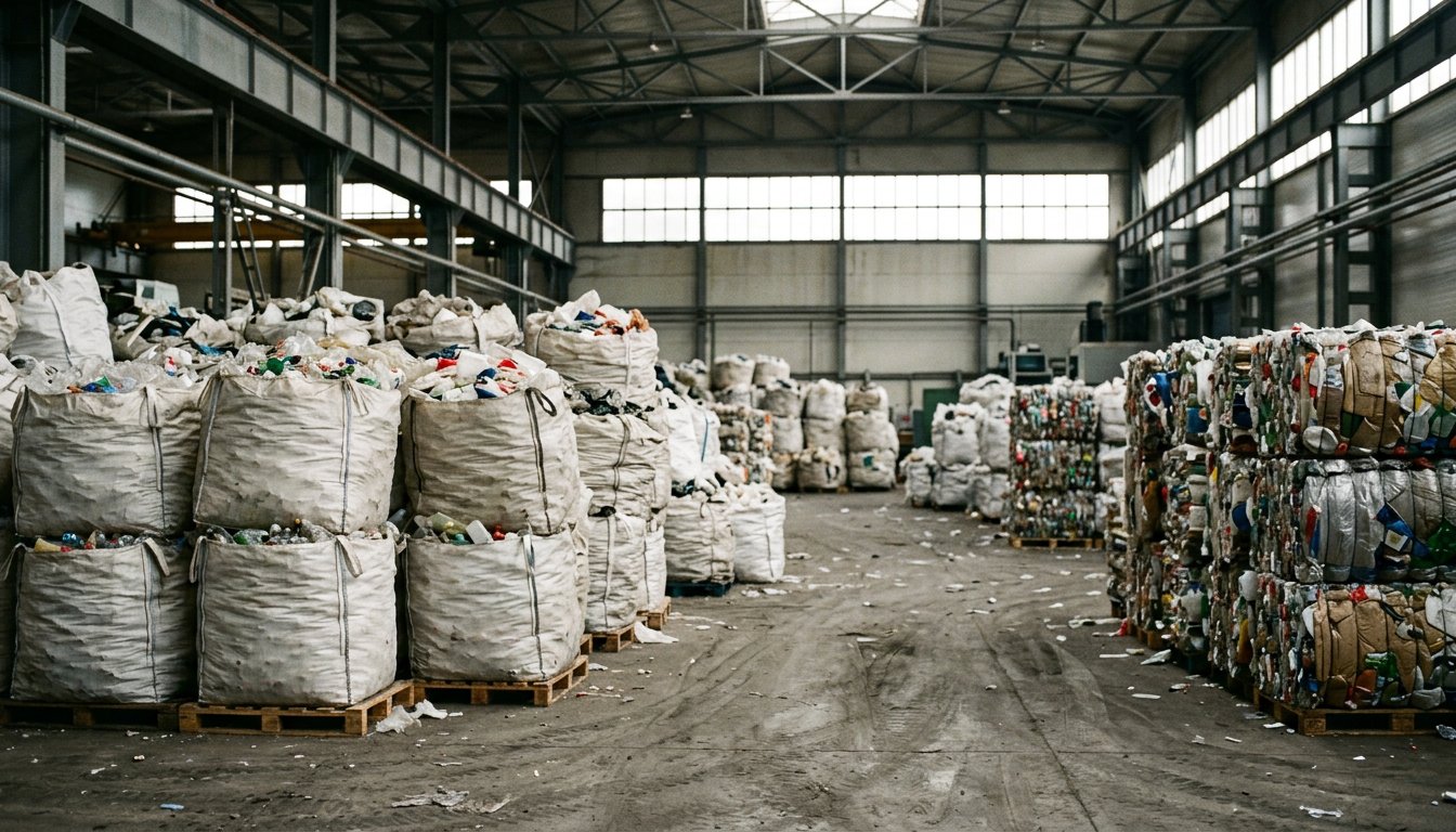 Lagerhalle eines Kunststoffrecyclers mit Big Bags und gestapelten Ballen sortierten Materials