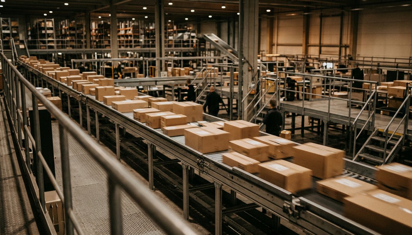 Pakete unterschiedlicher Größe auf einem Sorterband in einer Logistikhalle