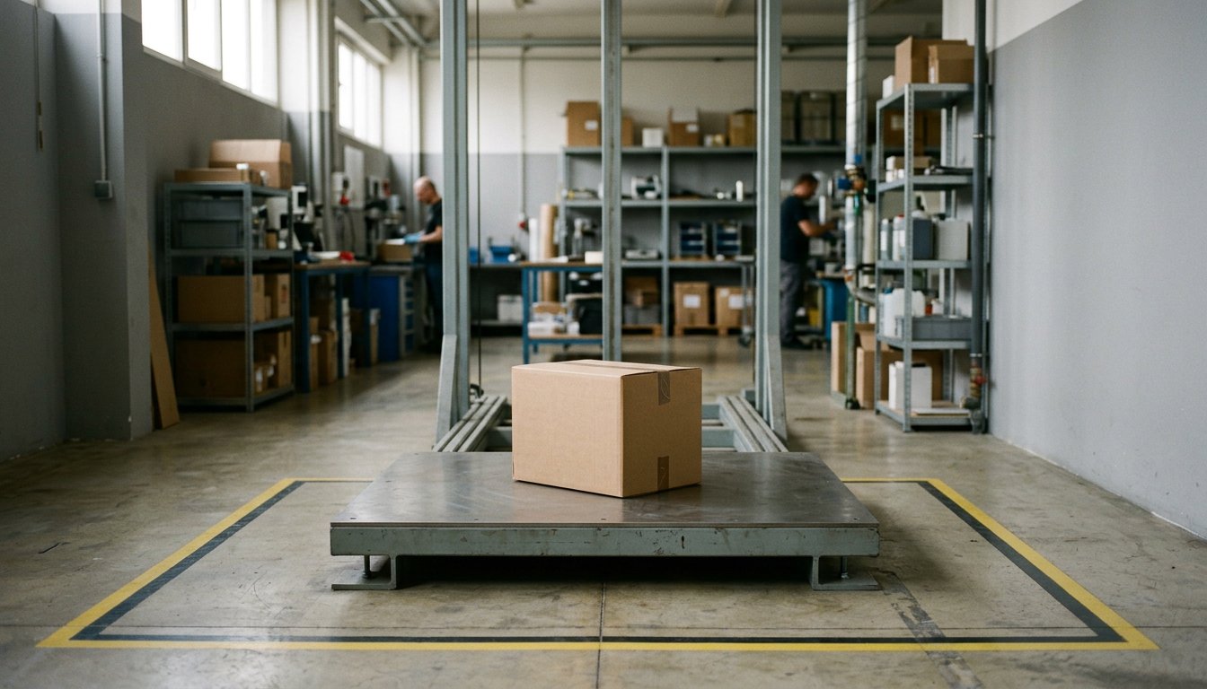 Verschlossener Versandkarton auf einer Prüfplattform in einem Verpackungslabor
