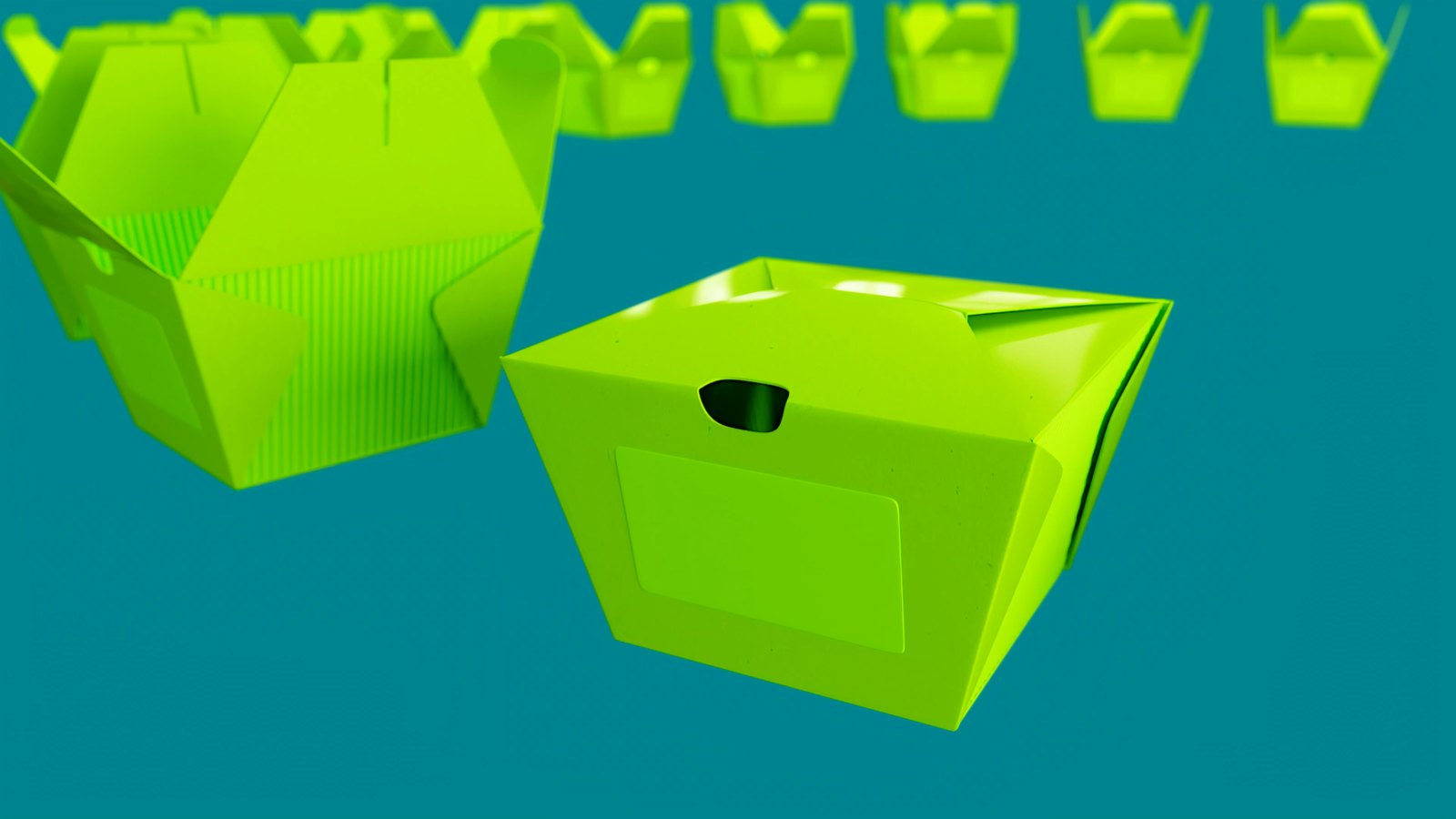 Grüne Faltschachteln vor petrolfarbenem Hintergrund im neuen EMPACK-Design