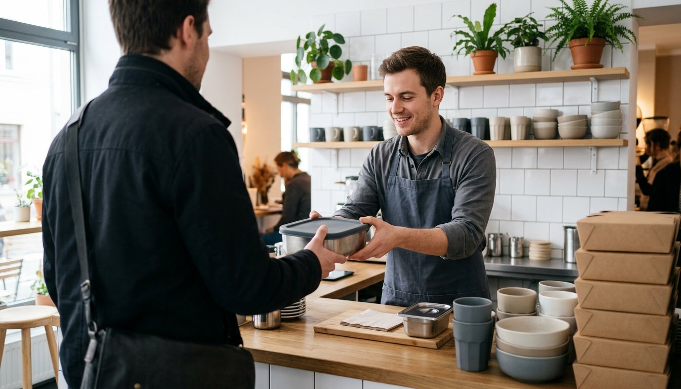 Mitarbeiter reicht am Take-away-Tresen eines Bistros einen befüllten Mehrwegbehälter über die Theke